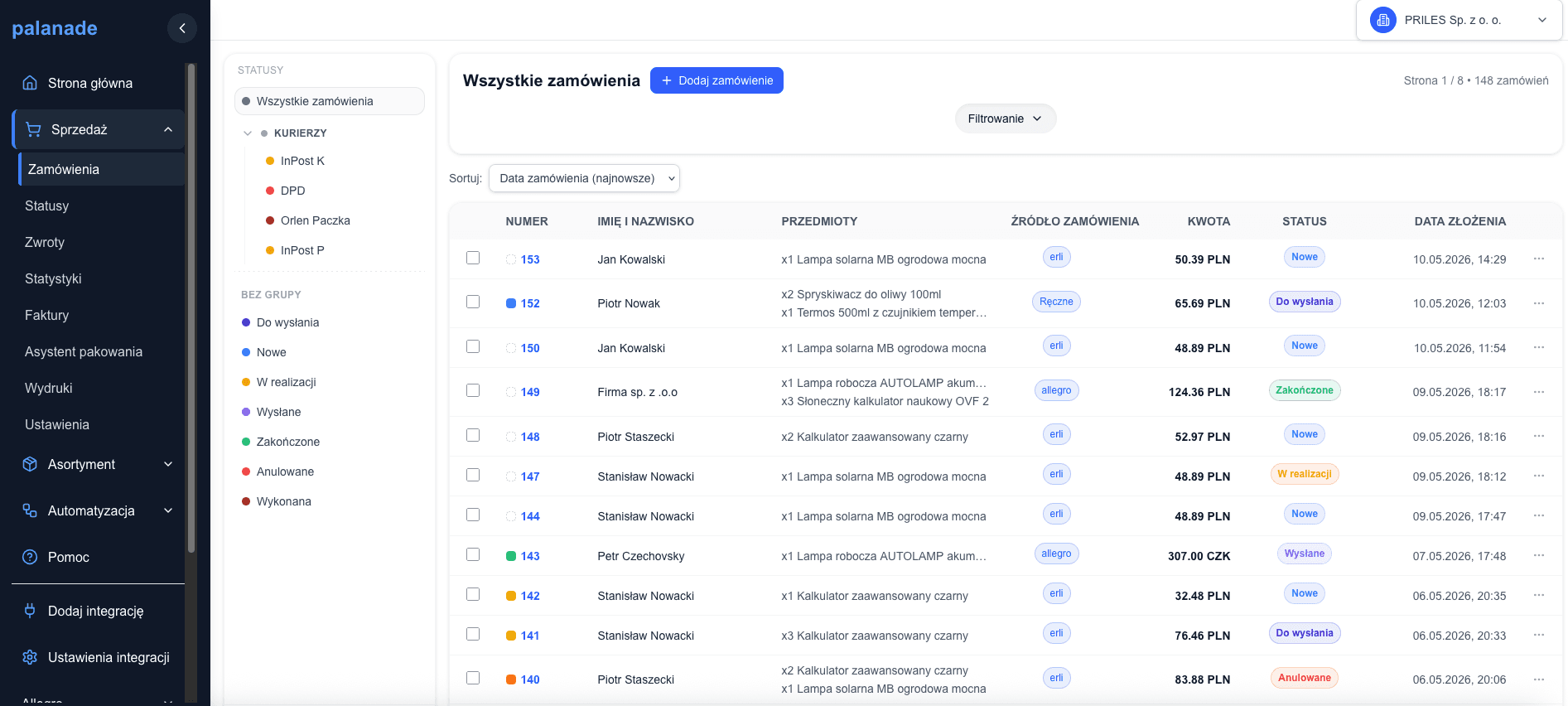 Lista zamówień