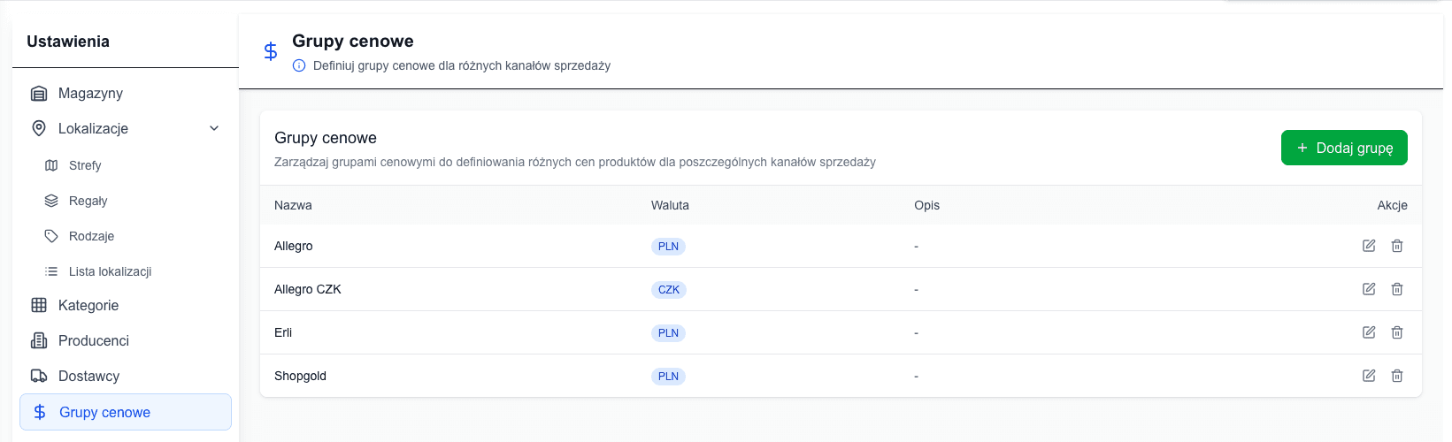 Ustawienia asortymentu i grup cenowych